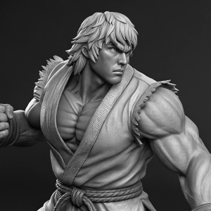 A stunning 3D model of Ken Masters from Street Fighter. Detailed, high-resolution rendering. Intense, determined expression. Black and white