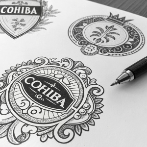 Vintage COHIBA brand logos illustrated in black and white, featuring detailed sketches and ornate designs. The artwork showcases multiple iterations of the logo with intricate patterns.