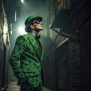 The Riddler, dressed in green suit with question marks, standing in a dark alley filled with mystery and intrigue.