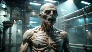 Photorealistic, by  H. R. Giger, hyper-realistic, cinematic stills,The alien is locked in the laboratory, the whole body is covered with mucus, the lights are dim, and every detail of the alien's skin is very clear,by  H. R. Giger