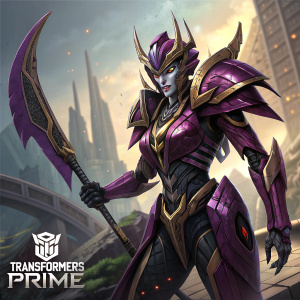 Digital artwork featuring the Decepticon Airachnid from the Transformers Prime series. The character is depicted with a menacing and fierce appearance. The illustration highlights the intricate design of the robot's armor and weaponry. The dark color scheme includes purple and metallic gold accents. The Transformers Prime logo is prominently displayed.