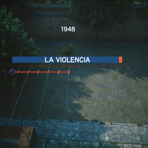 A detailed timeline of Colombian history during La Violencia era from 1948 onwards, annotated in Spanish, highlighting key events and their significance.