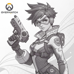 Monochromatic line art sketch of Tracer from Overwatch. Wearing her iconic high-tech suit. Futuristic weapon in hand. Background is simple and clean, with Overwatch logo at top right corner.