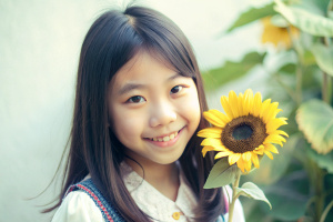cute portrait Asian Thai teen smile with sunflower with copy space.