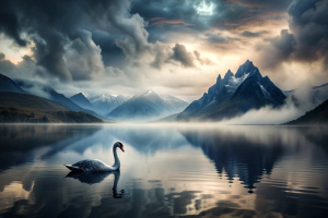 Cloudy day. A lake. In the background some mountains. Cold and gray environment. A black swan comes to camera.