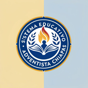 Sistema Educativo Adventista Chiapas, vibrant logo design. Combines flame and hand shapes. Dominated by blue, white, and gold colors. Modern educational institution branding.