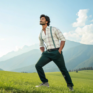 Vidyut Jamwal, Indian actor, standing confidently on a vibrant green field. Dressed in a casual white shirt with plaid details and dark green pants. He's crouched slightly, looking intensely at the camera. The background shows a serene mountain landscape with a blue sky.
