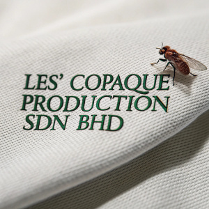 Close-up shot of a textured fabric with Les' Copaque Production Sdn Bhd logo in classic green font. An insect with reddish-brown wings is perched on the fabric.