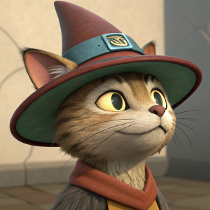 3D digital rendering of a character inspired by Grimalkin from Ni No Kuni. Hat and playful expression.