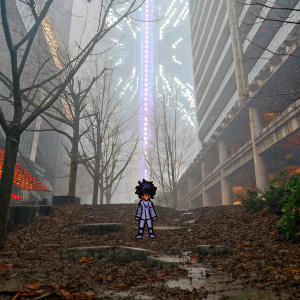 Kokichi Ouma, character from Danganronpa, portrayed in a modern urban landscape. The backdrop features a chaotic mix of digital graffiti and neon lights. His outfit is a blend of streetwear and futuristic elements. The scene is rendered in a highly stylized, pixel-art aesthetic.