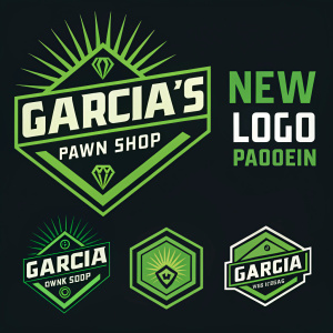 Garcia's Pawn Shop, rebranded. New logo design, bold geometric shapes and vibrant green color palette. Multiple logos layered in varying sizes and shapes against solid black backdrop, creating a clean and contemporary aesthetic.