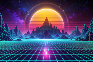 Retro Sci-Fi Background Futuristic landscape of the 80`s. Digital Cyber Surface. Suitable for design in the style of the 1980`s
