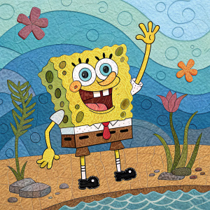 SpongeBob SquarePants waving in a vibrant, textured artwork. Bright colors, abstract shapes, and mosaic-like elements. Stylized water background.