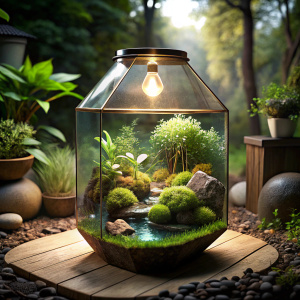 A beautiful outdoor terrarium in bright light with a small pond and a piece of land with greenery