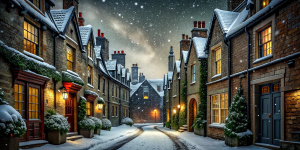 Street of a Victorian London. Winter, white fluffy snow lies on the pavement. Midnight, dark starry sky. Snow is falling. Stone houses with red tiled roofs, wooden window frames, wooden doors. The windows are lit from the inside with dim, weak light. Christmas decorations and garlands on the windows and doors. A church in the distance.