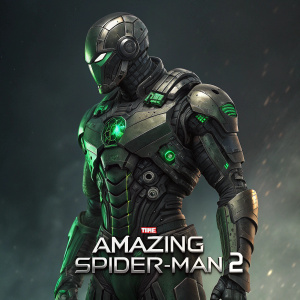 Concept art for 'The Amazing Spider-Man 2'. Futuristic exoskeleton design. Dark metallic with green accents. Intricate mechanical details. Dark background, film title at bottom.