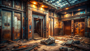 An abandoned elevator lobby in a ruined scifi town, located at the beginning of the multiverse. The artwork should have a desolate, post-apocalyptic vibe. The dominant color palette should be sepia and muted earth tones, with faded blue accents to represent the remnants of technology. The composition should feature a central, rusted elevator with a broken door, surrounded by crumbling concrete and rusted pipes. There should also be a few discarded objects scattered throughout the room, such as a