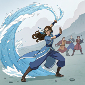 Katara, waterbending avatar, in a dynamic action pose. Surrounded by background characters in various stances.