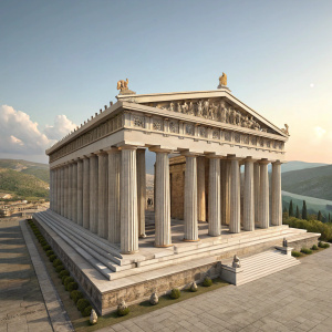 High-definition digital rendering of the Parthenon, ancient Greek temple. Focused on architectural details and historical accuracy.