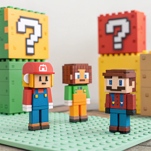 Minecraft-themed mini-figures, pixelated background, blocky logo, question mark symbol