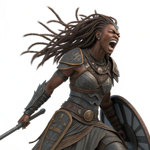 Digital 3D illustration of Gladiatrix, a fierce female warrior with dreadlocks, standing in a powerful pose. Against plain white background