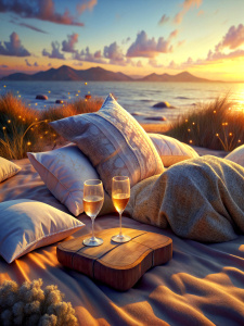 Low angle, silk pillow & blanket on the beach, romantic picnic for two, two glasses of white wine, cozy & inviting feeling, late sunset, ultra-high quality, detailed cinematic photography, 8k uhd, dslr, Sigma 200-500mm f/2.8 APO EX DG, (best quality:1.3), (masterpiece:1.1), high resolution, innocence, cinematic dreamy light, intricate details, (photorealistic)