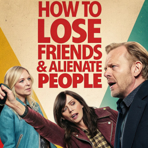 Movie poster for 'How to Lose Friends & Alienate People'. Simon Pegg, Kristen Dunst, Megan Fox, and Jeff Bridges. Bold and vibrant colors, central text: 'Lose Friends, Alienate People'.