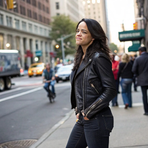 Michelle Rodriguez in a candid shot. Dark jeans, black leather jacket, standing on a busy city street.