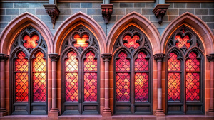 wall hight gothic hight four window glass ,wood wall design - perfect realistic art,wood - high-definition - brown and black wood wall- old stone grey background 