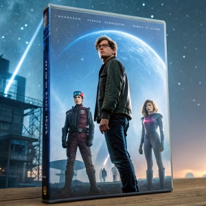 Steven Spielberg's Ready Player One DVD cover art. Futuristic setting with main characters standing heroically against backdrop of endless stars.