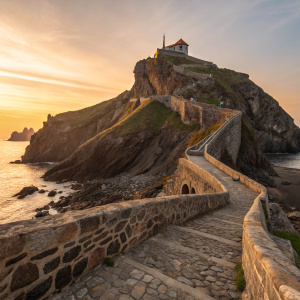 Photograph of San Juan de Gaztelugatxe. Rocky island with stone staircase and small chapel. Sunset paints the sky in warm hues, illuminating the rugged cliffs and the sea. Golden light bathes the ancient stone path, highlighting its texture and the serene beauty of the scene.