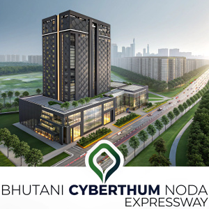 Promotional image for Bhutani Cyberthum Noida Expressway, showcasing a modern mixed-use development. The graphic features a sleek, futuristic structure with a mix of dark and light tones. Includes Cyberthum logo and Bhutani branding. Call to action and project details prominently displayed.