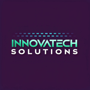 Sleek and modern logo for Innovatech Solutions. A bold, contemporary font displays the company name on a deep purple background. The design incorporates vibrant green and teal hues, highlighting the firm's commitment to technological innovation.