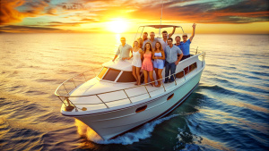 Group of friends having fun in luxury yach boat. Young men and women enjoy travel, vacation, travel on boat yacht sailing in sea, ocean at sunset on summe