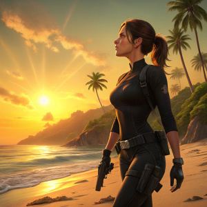 Lara Croft, dressed in a sleek, black bodysuit with utility belt, stands on the sandy shore. Golden sunset behind her