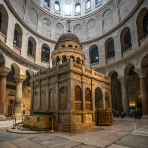 Edicule of Jesus' Tomb, located within the Church of the Holy Sepulchre, Jerusalem. Ornate ancient architecture with intricate arches and columns surrounding the central stone Edicule, creating a solemn and reverent atmosphere.