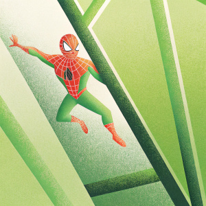 High-resolution 3D render of Spiderman in dynamic poses. Dark background. Suit is a unique red web-patterned design.