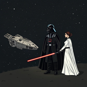 Darth Vader and Princess Leia standing beside Millennium Falcon. Dark, starry space background