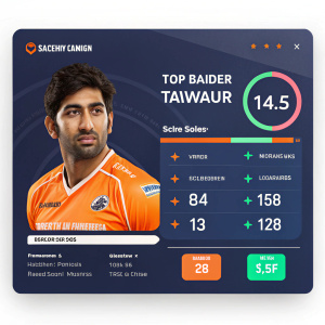 Digital dashboard showcasing Sachin Tanwar's top raider stats in Pro Kabaddi League. Orange jersey photo, dynamic interface.