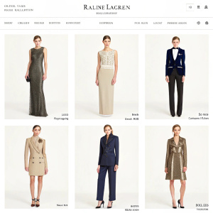 Website showcasing a grid layout of Ralph Lauren clothing collection. High fashion apparel