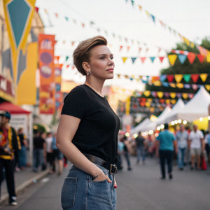 Scarlett Johansson, sporting a chic short haircut, stands in front of a bustling street festival. She's wearing a casual black top and jeans. The vibrant festival scene with colorful banners and cheerful crowds