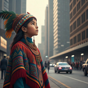 A young Quechua girl from the Peruvian Andes standing in a modern urban setting. She wears a vibrant traditional garment adorned with intricate patterns. Her headdress is a mix of colors and fringes. The background is a bustling city street.