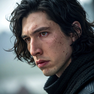 Close-up of Kylo Ren from Star Wars. Intense gaze, dark hair, detailed expression.