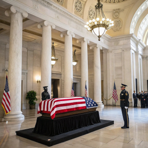 Formal state funeral for John Paul Stevens in Washington DC. Black draped platform with American flag covered casket. Military officers in ceremonial uniforms. Grand hall with tall white columns, chandelier and flags.