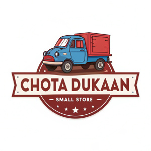 Logo for Chota Dukaan, featuring a cartoon-like mini truck, brand name in Hindi and English, vibrant blue and red colors