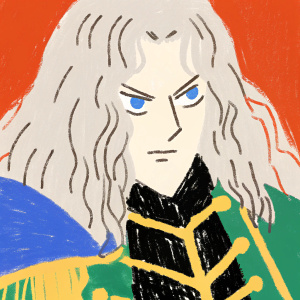 Digital illustration of Alucard from Castlevania. His wild, silver hair and piercing blue eyes are highlighted. Sketch-like style, focus on face and details of outfit.