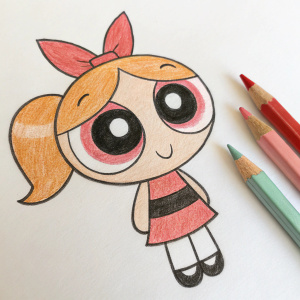 Sketch of Powerpuff Girls character. Crayon drawing, simple design. Big eyes, cheerful face, standing pose