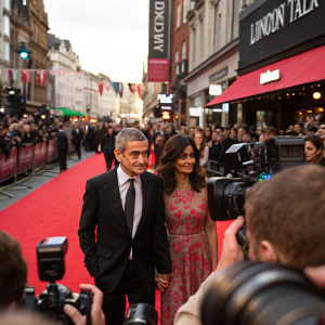 Rowan Atkinson and Sunetra Sastry at the London Film Festival premiere. Crowded street scene, flashing cameras