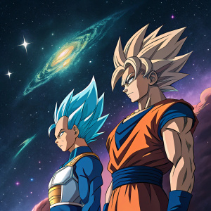 Anime poster featuring Goku and Vegeta standing in a dramatic pose. Vibrant colors, cosmic background with stars and galaxies.