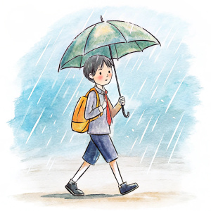 going school student use umberla rainy  